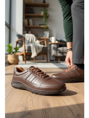 Enoch Hakiki Deri Kahverengi Dikiş Detaylı Erkek Sneaker Ayakkabı Ortopedik Taban