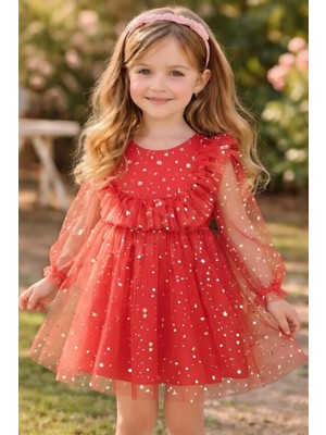 Kız Çocuk Yıldız Simli Özel Gün Party Elbise 1-5 Yaş