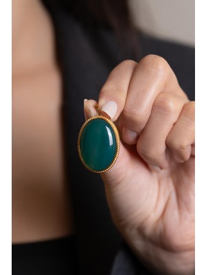 Bayar Gold 14 Ayar Altın Yeşil Akik Taşlı El İşi Büyük Boy Kolye Ucu