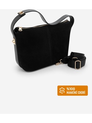 Marjin Kadın Hakiki Deri Fermuarlı Iç Cepli El ve Omuz Çantası Livena Siyah Süet