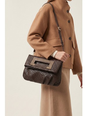 Marjin Kadın Zımbalı Clutch Portföy Çapraz Askılı El ve Omuz Çantası Panes Kahve