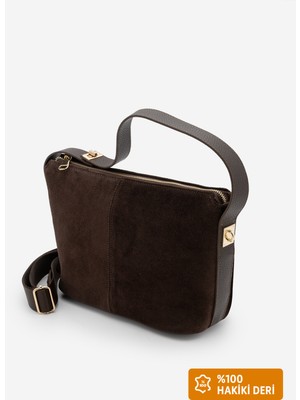 Marjin Kadın Hakiki Deri Fermuarlı Iç Cepli El ve Omuz Çantası Livena Kahve Süet