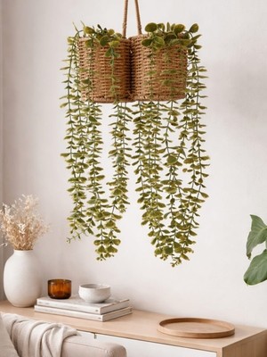 B&Nine Çiftli Hasır Saksılı 2'li Sarkıt Asma Yapay Bitki Çiçek Okaliptus