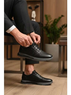 Enoch Hakiki Deri Klasik Bağcıklı Erkek Siyah Yüksek Taban Sneaker Ayakkabı Ortopedik Taban