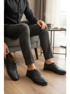 Enoch Hakiki Deri Siyah Delikli Detaylı Erkek Sneaker Ortopedik Taban