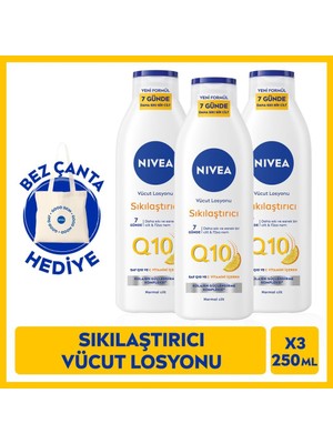 Nivea Q10 7 Günde Sıkılaştırıcı Vücut Losyonu 250ML, C Vitamini, Nemlendirici, Bez Çanta Hediye, X3 Adet