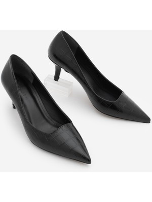 Marjin Kadın Stiletto Croco Desenli Topuklu Ayakkabı Olfin Siyah Croco