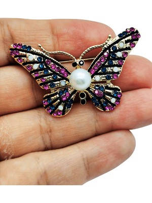 BB Bi Butik Shop Inci Detaylı Mor Mavi Taşlı Kelebek Broş – Altın Tonlu Zarif Yaka Aksesuarı