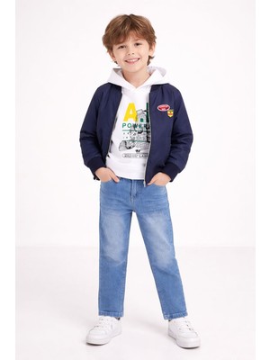 Cansın Mini Lacivert Nakışlı Ceketli Jean Pantolonlu Erkek Çocuk Kapşonlu 3lü Takım 23525