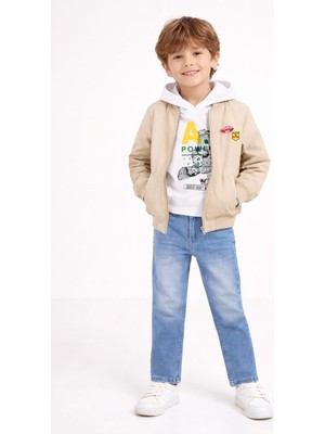 Cansın Mini Kahverengi Nakışlı Ceketli Jean Pantolonlu Erkek Çocuk Kapşonlu 3lü Takım 23526