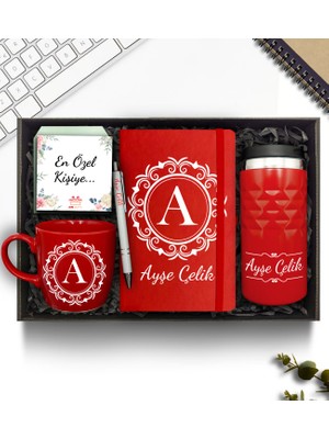 As Gift Kişiye Özel Kırmızı 300 ml Kristal Termos & Defter & Kupa & Kalem Hediye Seti