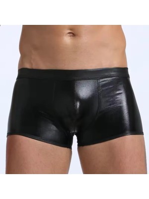 Marsilyan Tegan Fantezi Deri Görünümlü Seksi  Siyah Erkek Boxer  - Fantezi Tanga TG274605