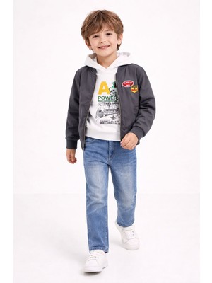 Cansın Mini Gri Nakışlı Ceketli Jean Pantolonlu Erkek Çocuk Kapşonlu 3lü Takım 23524