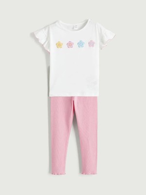 LC Waikiki Bisiklet Yaka Çiçekli Kız Çocuk Tişört ve Tayt  (S6)