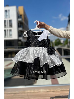 Bertuğ Bebek Siyah Beyaz Organze Kız Çocuk Bebek Kostüm Wednesday Çarşamba Abiye Elbise
