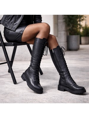 Kadın Floter Deri Bağcıklı Fermuarlı Diz Altı Çizme