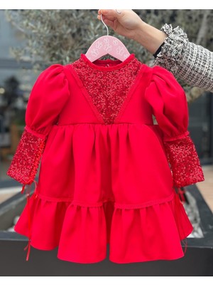 Bertuğ Bebek Dantel ve Pul Payet Detaylı Krep Kız Çocuk Bebek Abiye Kırmızı Mevlüt Bayram Elbise