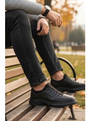 Enoch Hakiki Deri Siyah Üçlü Çizgi Detaylı Erkek Sneaker Ortopedik Taban