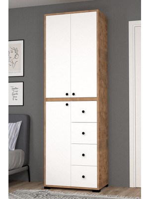 Mobilique Bükreş No.2 Askılı 4 Çekmeceli 3 Raflı Gardırop Çam-Beyaz