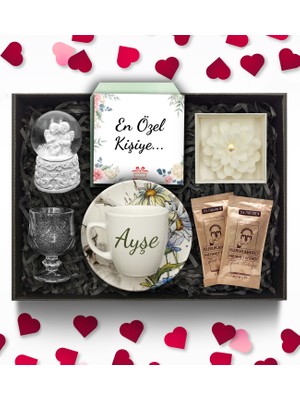 As Gift Sevgililer Günü Temalı Kişiye Özel Beyaz Fincan & Melek Kar Küresi & Kahve Yanı Su Bardağı & Çiçek Mum & Türk Kahvesi