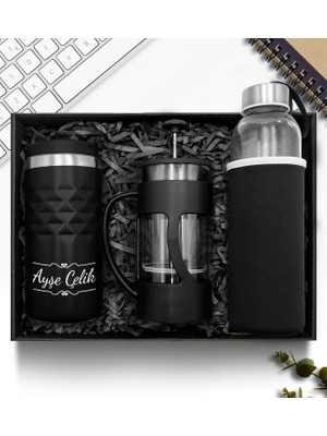 As Gift Kişiye Özel Siyah 300 ml Kristal Termos & French Press & Cam Suluk Hediye Seti