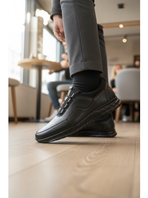 Enoch Hakiki Deri Siyah Erkek Sneaker Ayakkabı Ortopedik Taban