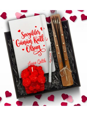As Gift Sevgililer Günü Temalı Kişiye Özel Beyaz Defter & Beyaz Kalem & Çiçekli Bubble Mum & Çubuk Tütsü Hediye Seti