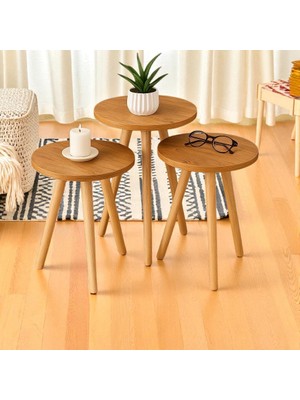 Hesa Yan Sehpa Ve Zigon Sehpa Ahşap Ayaklı Çam 3'Lü Yuvarlak