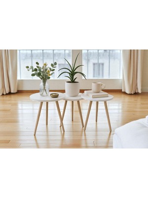 Hesa 3lü Yan Sehpa Zigon Sehpa Beyaz Desenli Ahşap Ayaklı