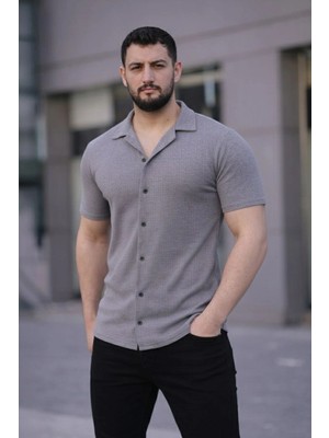 Beta Moda Hub Erkek Waffle Kumaş Kısa Kollu Düğmeli Açık Yaka Regular Fit Gömlek - Gri