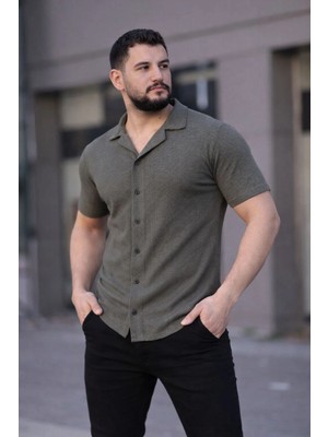 Beta Moda Hub Erkek Waffle Kumaş Kısa Kollu Düğmeli Açık Yaka Regular Fit Gömlek - Haki