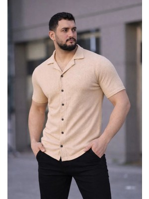 Beta Moda Hub Erkek Waffle Kumaş Kısa Kollu Düğmeli Açık Yaka Regular Fit Gömlek - Bej