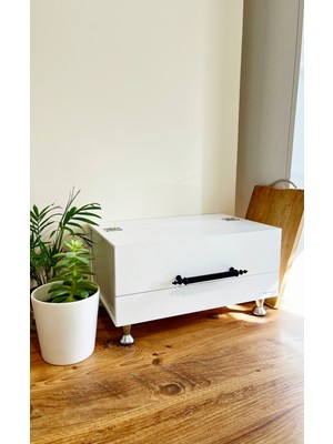 Özbience Ahşap Ekmek Kutusu, Siyah ve Beyaz Renk, Kulplu, Krom Ayaklı