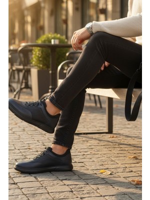 Enoch Hakiki Deri Lacivert Karma Dokulu Erkek Sneaker Ayakkabı Ortopedik Taban