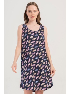 Vienetta Kadın Büyük Beden Kalın Askılı Desenli Lacivert Gecelik Tunik C4T2N1904