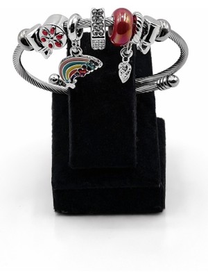 Pangu Pembe Inci ve Deniz Kabuğu Detaylı Gümüş Renk Çelik Charm Bileklik