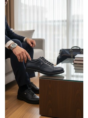 Enoch Hakiki Deri Lacivert Detaylı Erkek Sneaker Ayakkabı Ortopedik Taban