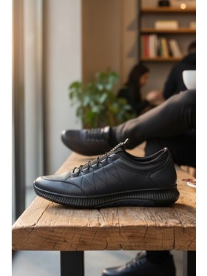 Enoch Hakiki Deri Lacivert Zikzak Dikişli Erkek Sneaker Ayakkabı Ortopedik Taban