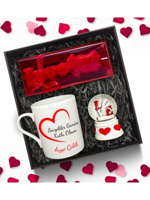 As Gift Sevgililer Günü Temalı Kişiye Özel Beyaz Kupa & Love Kar Küresi & Love Mum Hediye Seti