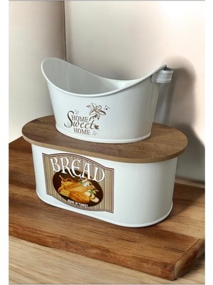Özbience 2'li Metal Büyük Boy Kapaklı Beyaz Desenli Ekmeklik ve Sofra Ekmeklik
