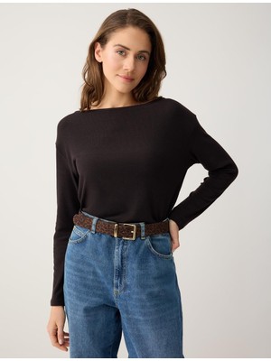 Jimmy Key Kahverengi Kayık Yaka Uzun Kollu Yumuşak Dokulu Örme Bluz