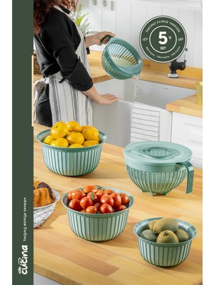 Özbience Yeşil Çok Amaçlı Çeyiz Seti, 5 Parça, Mikser Kabı, Kase ve Süzgeç