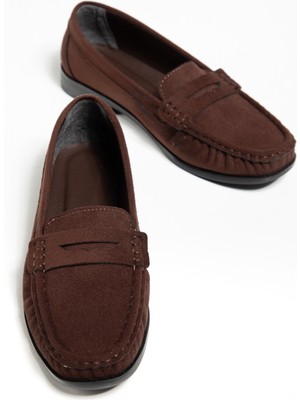 Tonny Black Kadın Kahve Süet Kaymaz Taban Loafer Oxford Ayakkabı Konforlu ve Rahat