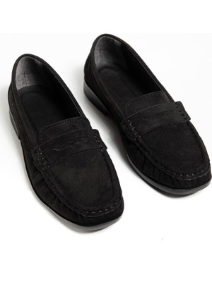 Tonny Black Kadın Siyah Süet Termo Kaymaz Taban Loafer Oxford Kadın Ayakkabı