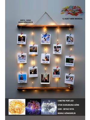 PremiumPort Ipli Mandallı Işıklı Fotoğraf Askısı ve Ahşap Çerçeve 50X75