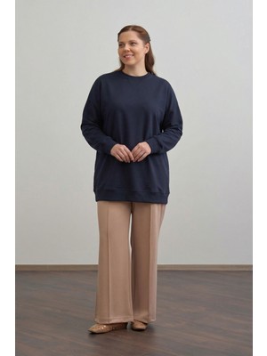ALLDAY Lacivert-Pamuklu Kaşkorse Detaylı Büyük Beden Sweatshirt