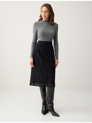 Jimmy Key Siyah Normal Bel Dantel Detaylı Dokuma Midi Etek