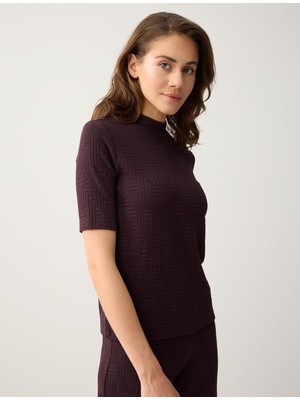 Jimmy Key Kahverengi Yarım Balıkçı Yaka Kısa Kollu Desenli Örme Bluz