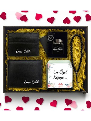 As Gift Sevgililer Günü Temalı Kişiye Özel Çakmak & Cüzdan & Kartlık & Tesbih Hediye Seti