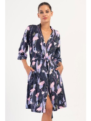 Vienetta Kadın Büyük Beden Çiçek Desenli Şal Yaka Kuşaklı Kapri Kol Sabahlık C3T6N1304